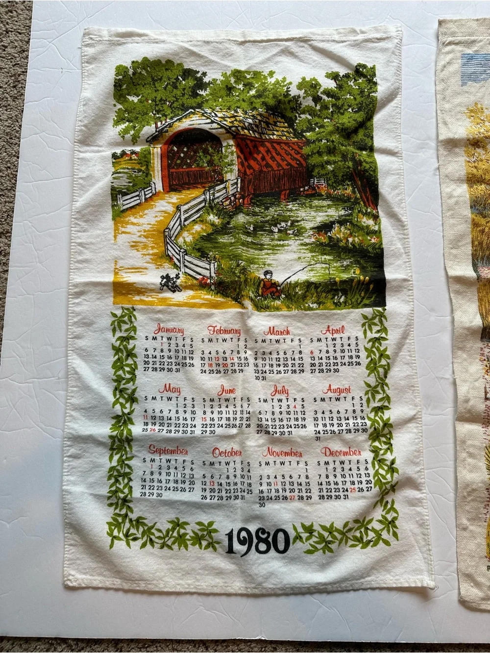 Vintage Lot Of 2 Hanging 1980’s Calendar Tea Towels 1980 & 1982 Bridge Desert
